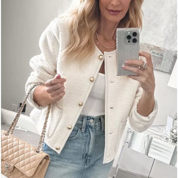 Reformation Dale Cream Fleece Cropped Jacket‎ Wool Blend Neutral Size M - Picture 2 of 14